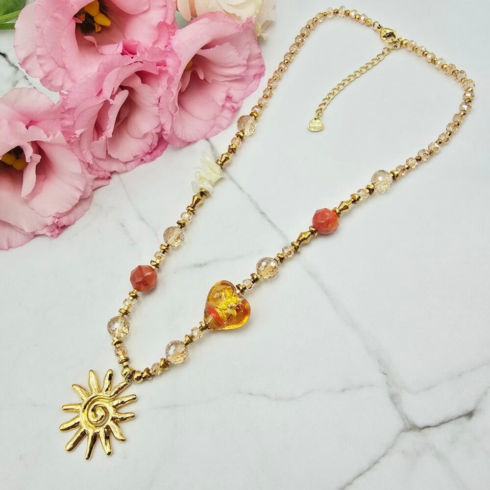 Naszyjnik PREMIUM STAL CHIRURGICZNA jasne kryształki kamienie słońce złote