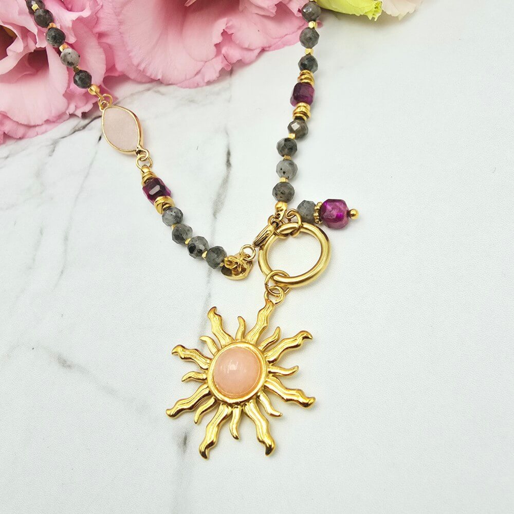 Naszyjnik PREMIUM STAL CHIRURGICZNA ciemne kamienie słońce różowy kamień