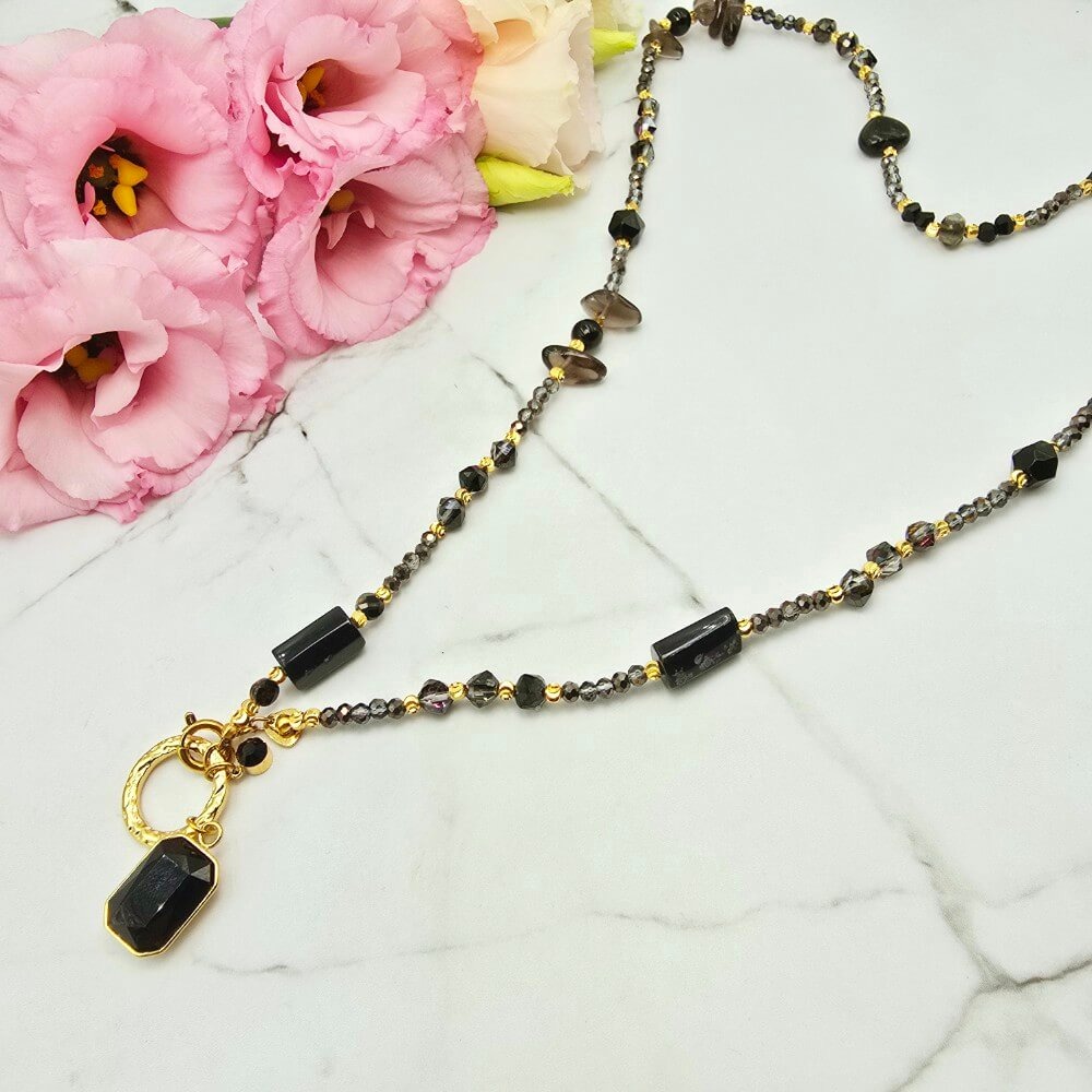 Naszyjnik PREMIUM STAL CHIRURGICZNA czarne kamienie kryształki medalion