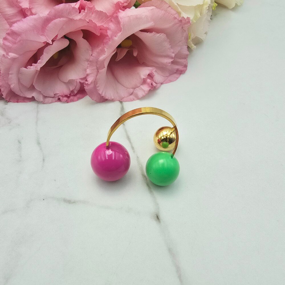 Pierścionek STAL CHIRURGICZNA obrączka uniwersalna kuleczki kolorowe zielony