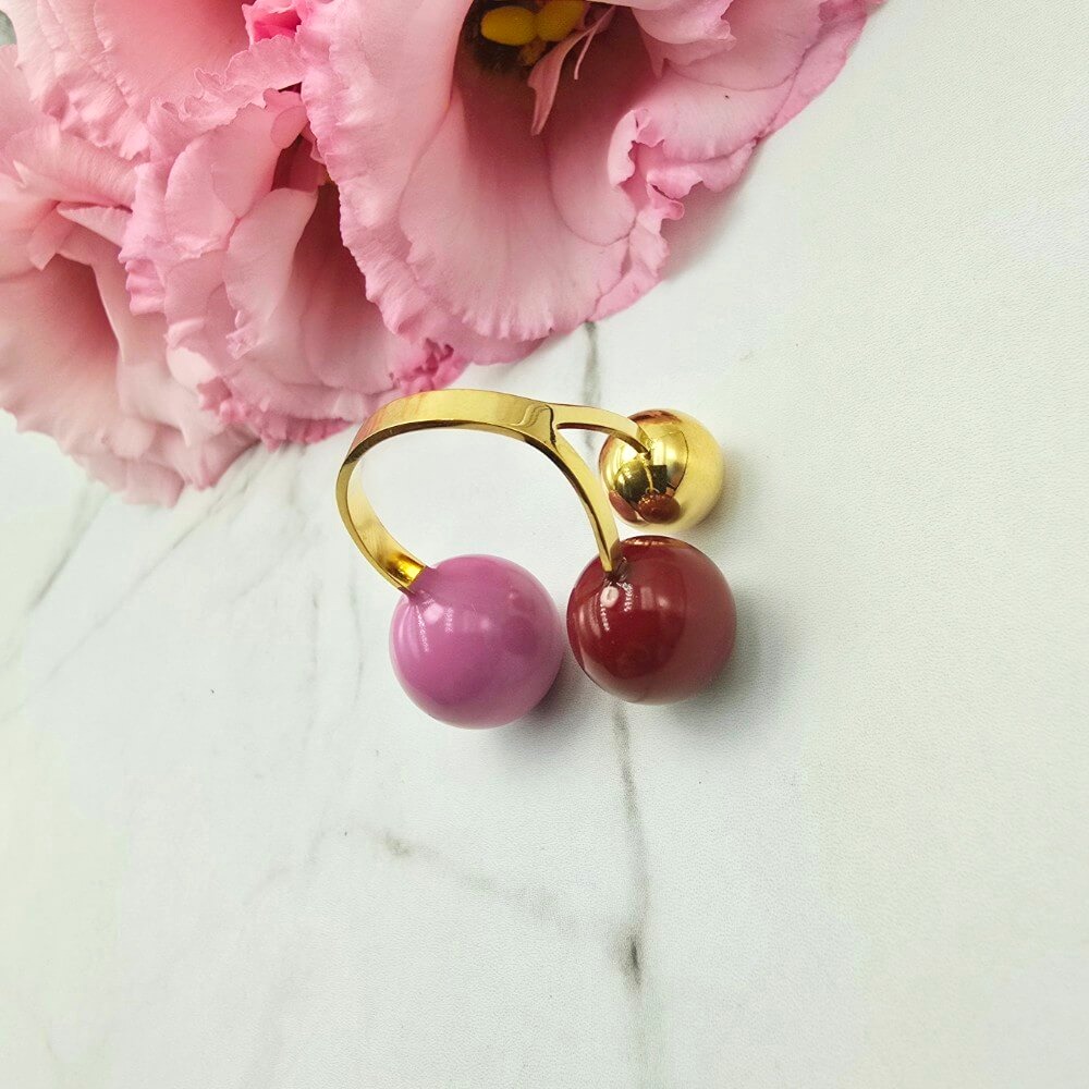 Pierścionek STAL CHIRURGICZNA obrączka uniwersalna kuleczki kolorowe brązowa