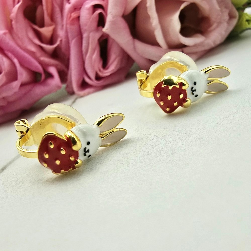 Kolczyki STAL CHIRURGICZNA klipsy biały króliczek truskawka