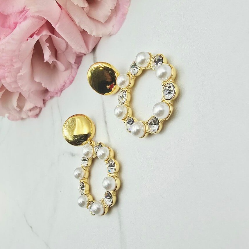 Kolczyki STAL CHIRURGICZNA wiszące koła perły kryształki