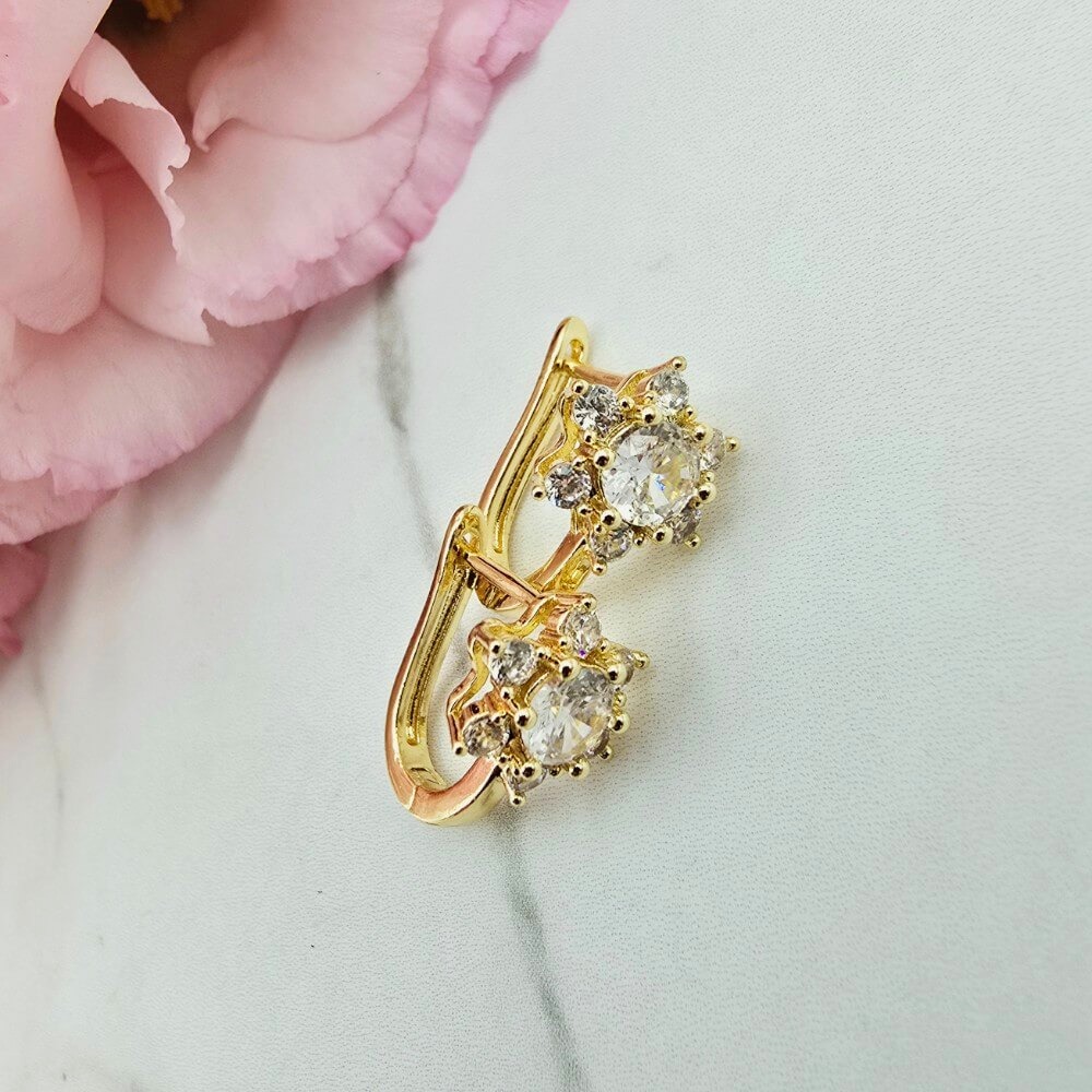 Kolczyki STAL CHIRURGICZNA kwiatek kryształek cyrkonie jasne złoto