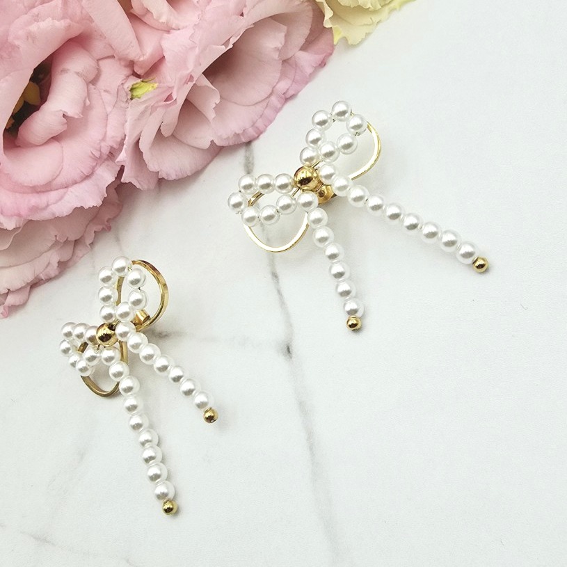 Kolczyki STAL CHIRURGICZNA kokardka wiszące perełki