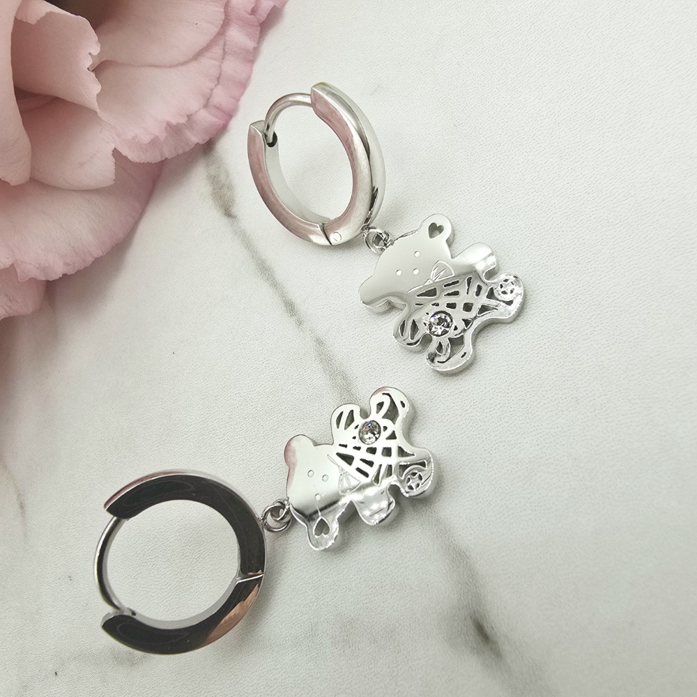 Kolczyki srebrne STAL CHIRURGICZNA bigiel miś cyrkonia