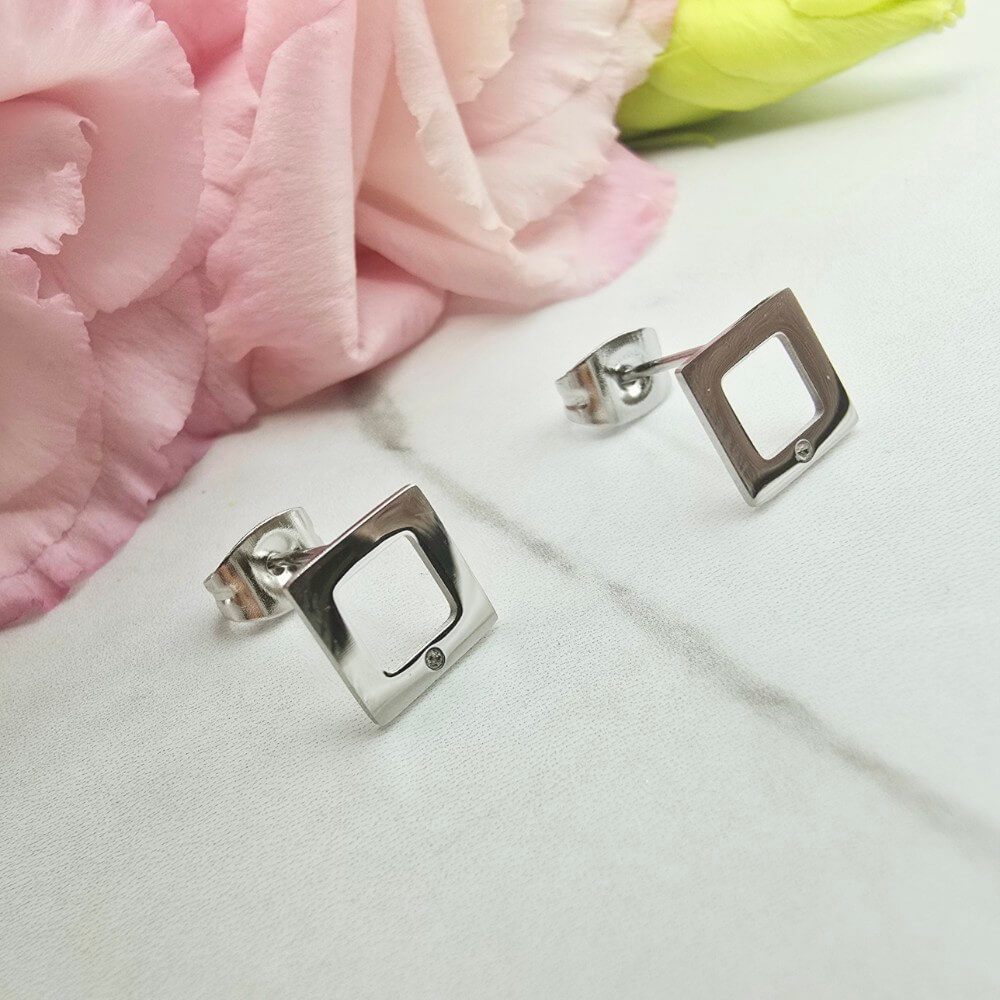 Kolczyki srebrne STAL CHIRURGICZNA kwadrat cyrkonia