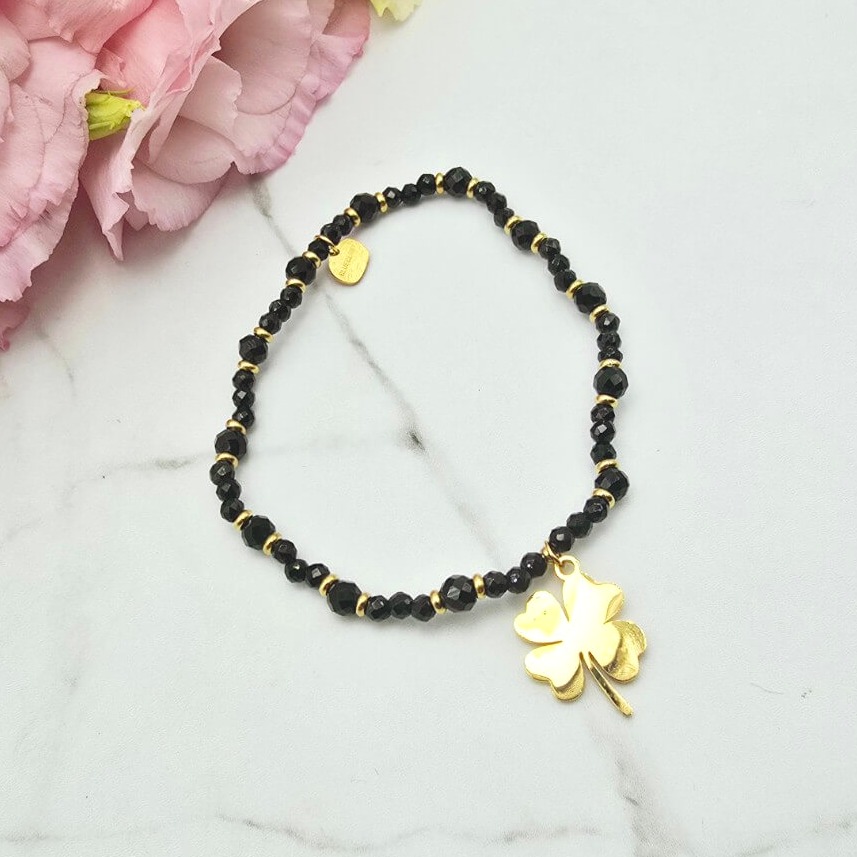 Bransoletka STAL CHIRURGICZNA gumkowa czarne kryształki koniczyna