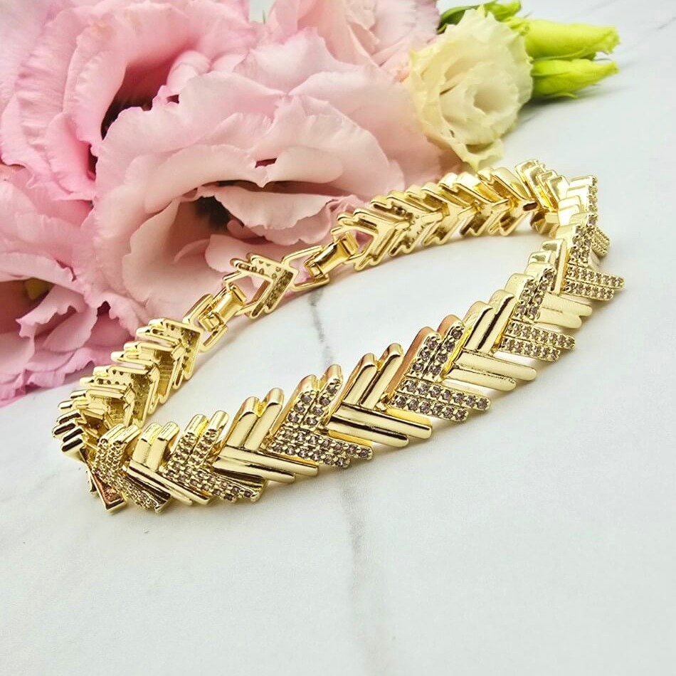 Bransoletka STAL CHIRURGICZNA PREMIUM jodełka szeroka cyrkonie jasne złoto