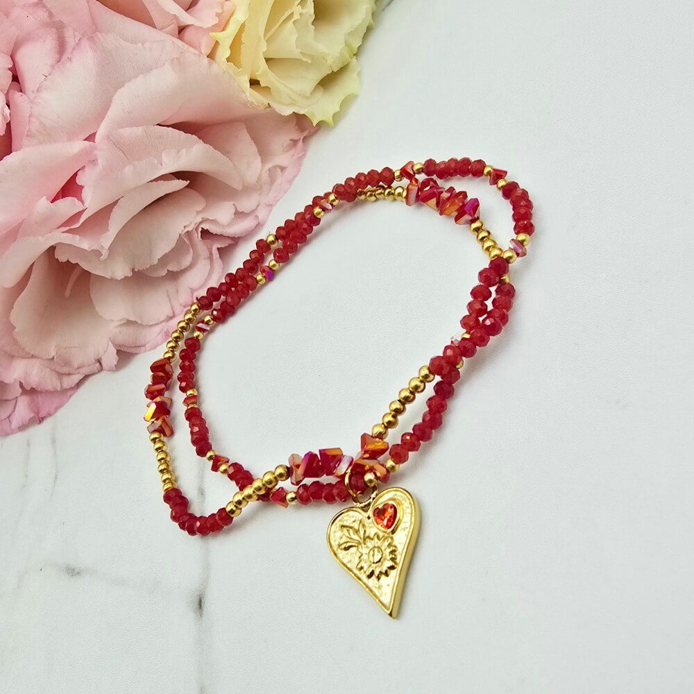 Bransoletka STAL CHIRURGICZNA gumkowa podwójna czerwona serce