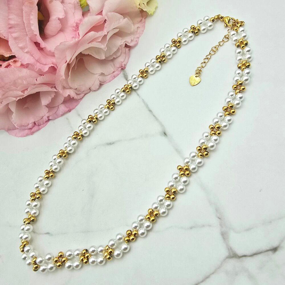 Naszyjnik STAL CHIRURGICZNA perełki złote kuleczki