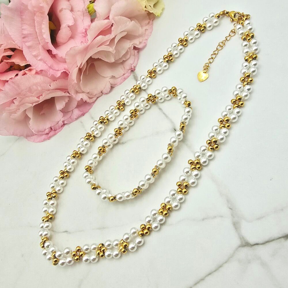 ZESTAW - naszyjnik i bransoletka perełki i złote kuleczki