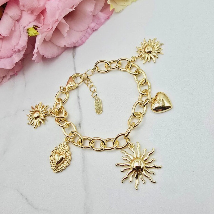 Bransoletka STAL CHIRURGICZNA grubsza trzy słońca jasne złoto