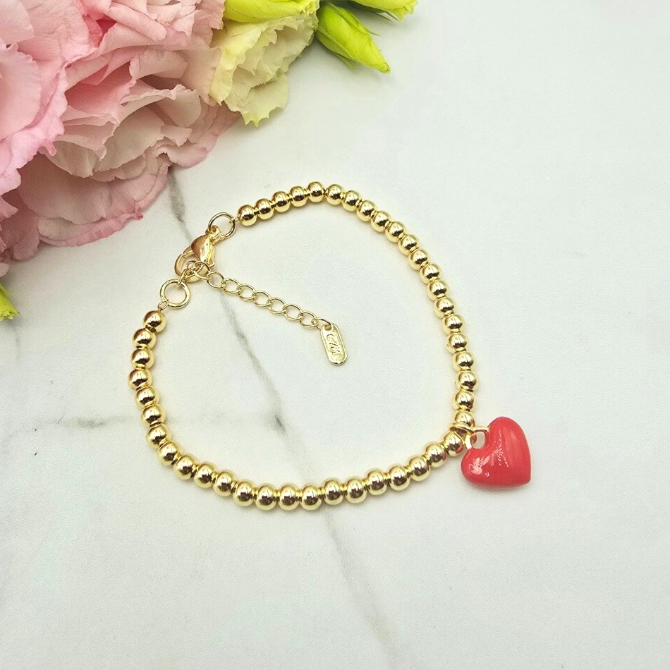 Bransoletka STAL CHIRURGICZNA kulkowa serce czerwone