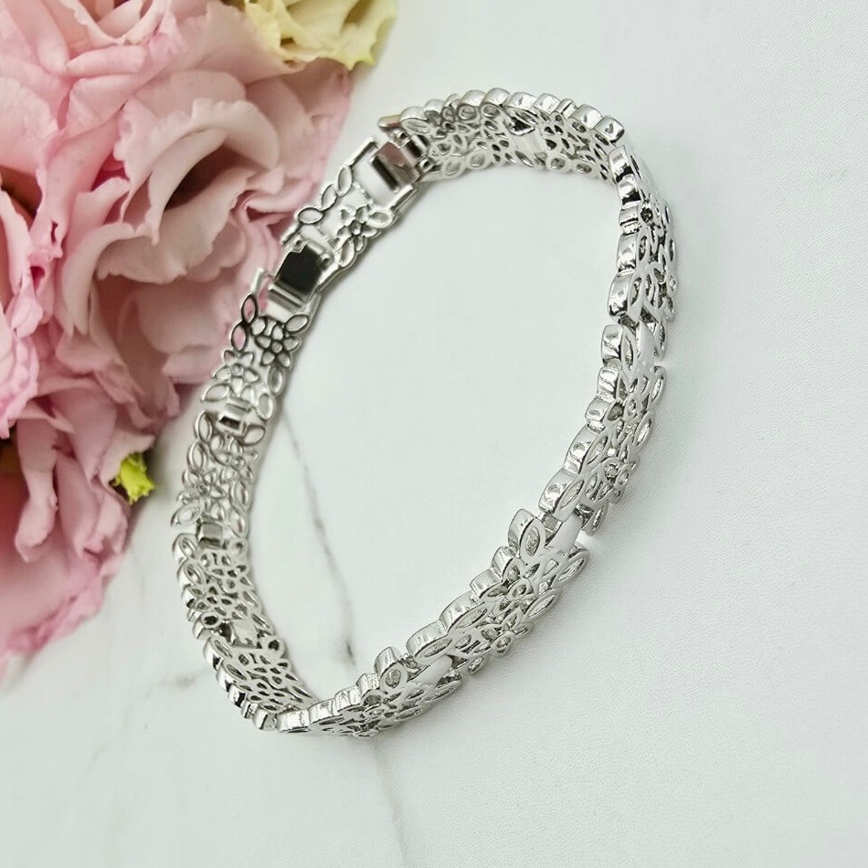 Bransoletka srebrna STAL CHIRURGICZNA modułowa ażurowa kwiatki cyrkonie 