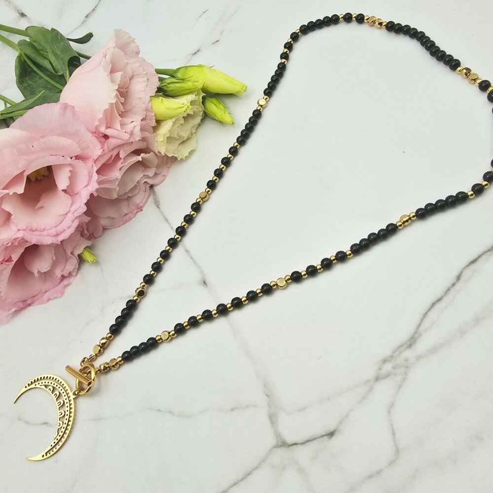 Naszyjnik STAL CHIRURGICZNA księżyc czarne koraliki