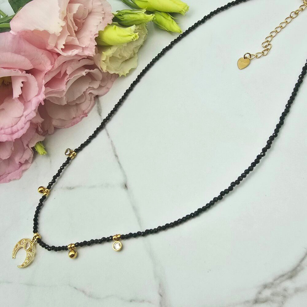 Naszyjnik STAL CHIRURGICZNA kryształki czarne księżyc cyrkonie