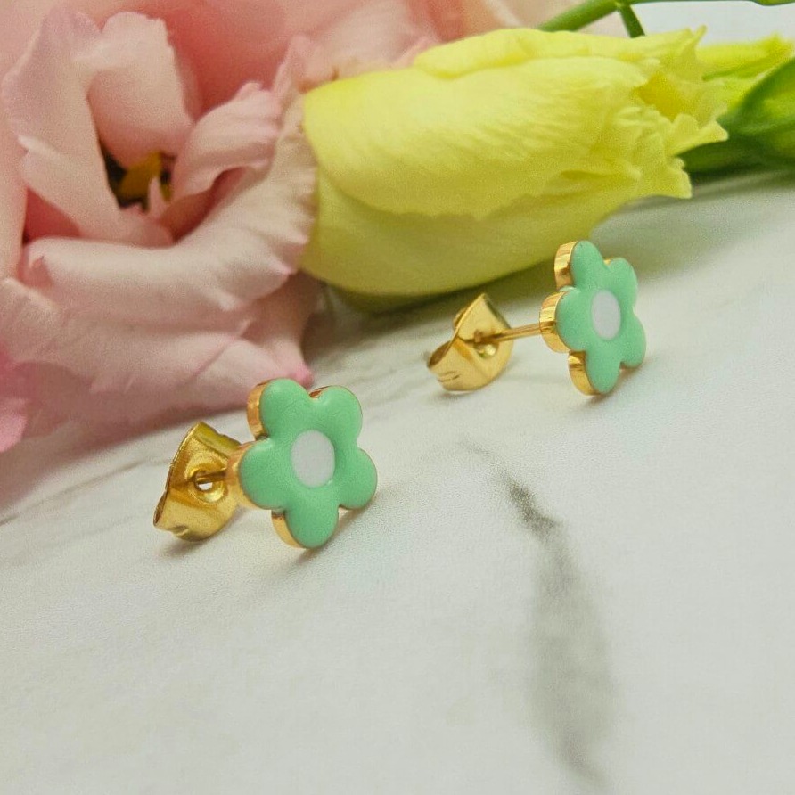 Kolczyki STAL CHIRURGICZNA kwiatek zielony 0,8 cm